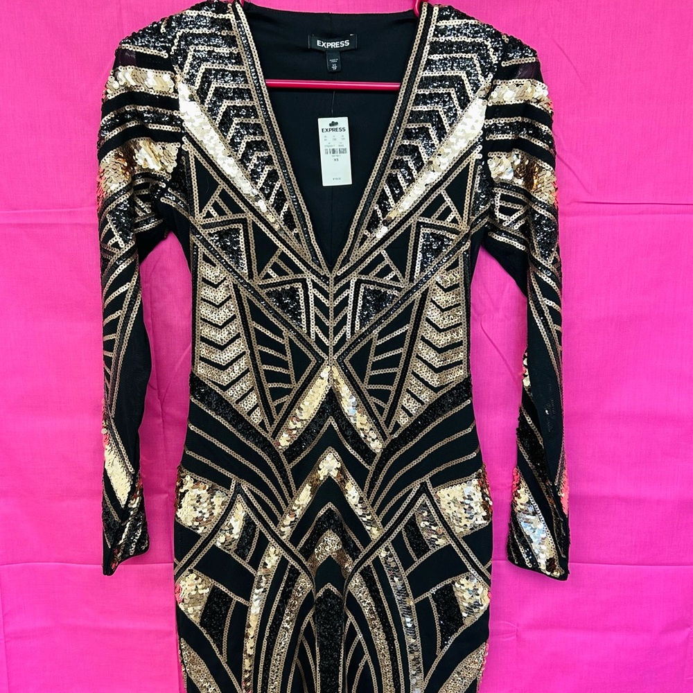 Express Black and Gold Bodycon Long Sleeve V-Neck Dress